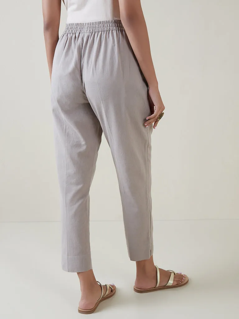 Utsa Dark Beige Tapered Blended Linen Cropped Pants