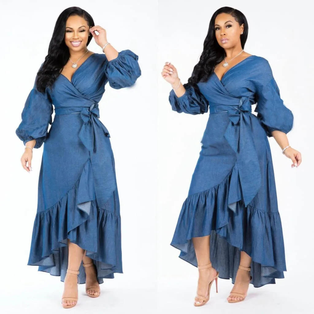 V-Neck Ruffle Hem Belted Wrap Denim Dress