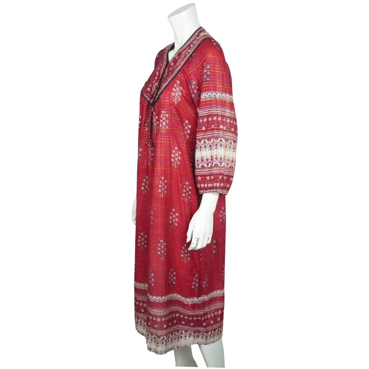 Vintage 1970s Indian Cotton Gauze Dress Red Block Printed w Metallic Thread Sz M