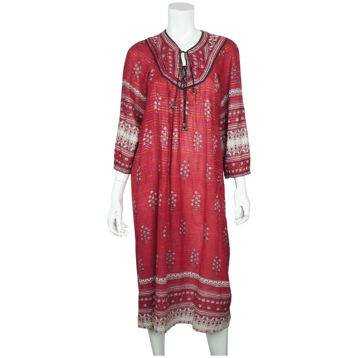 Vintage 1970s Indian Cotton Gauze Dress Red Block Printed w Metallic Thread Sz M