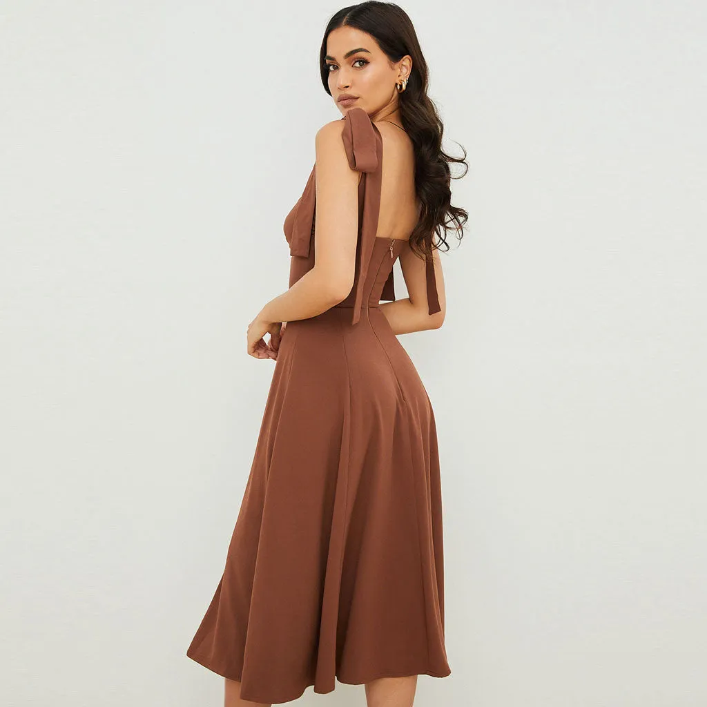 Vintage Bow Tie Fit & Flare High Slit Midi SunDress - Coffee