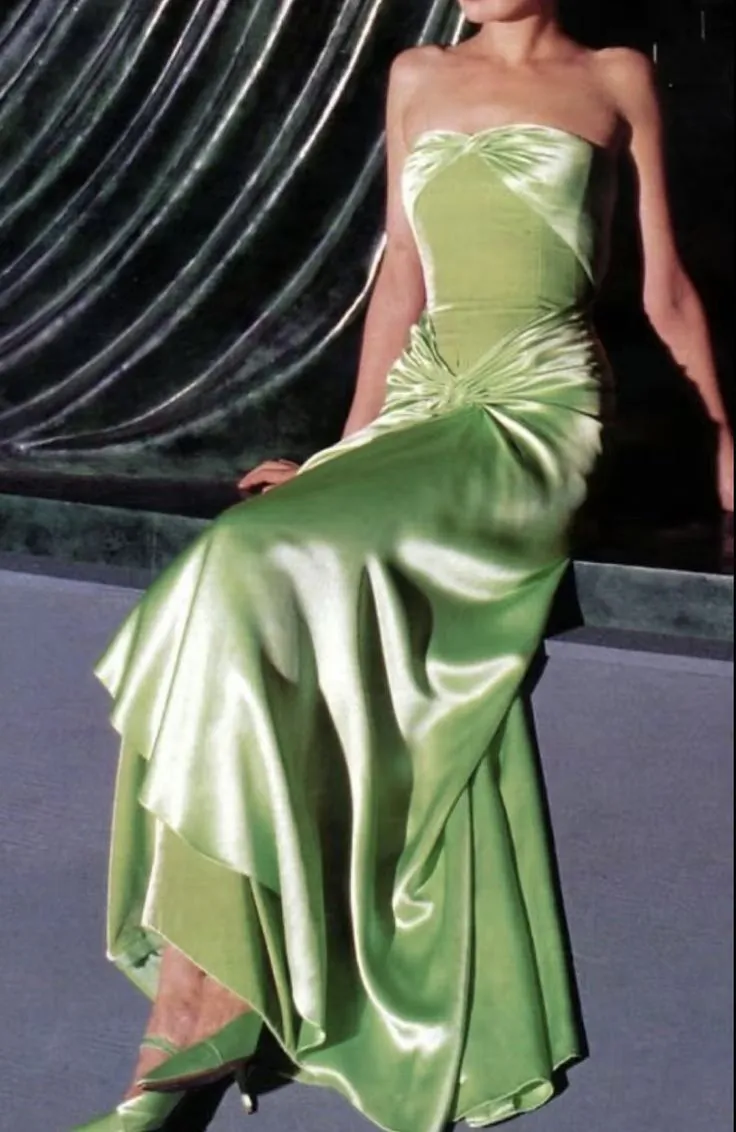 Vintage Strapless Satin Long Green Prom Dresses Evening Dress          fg7140