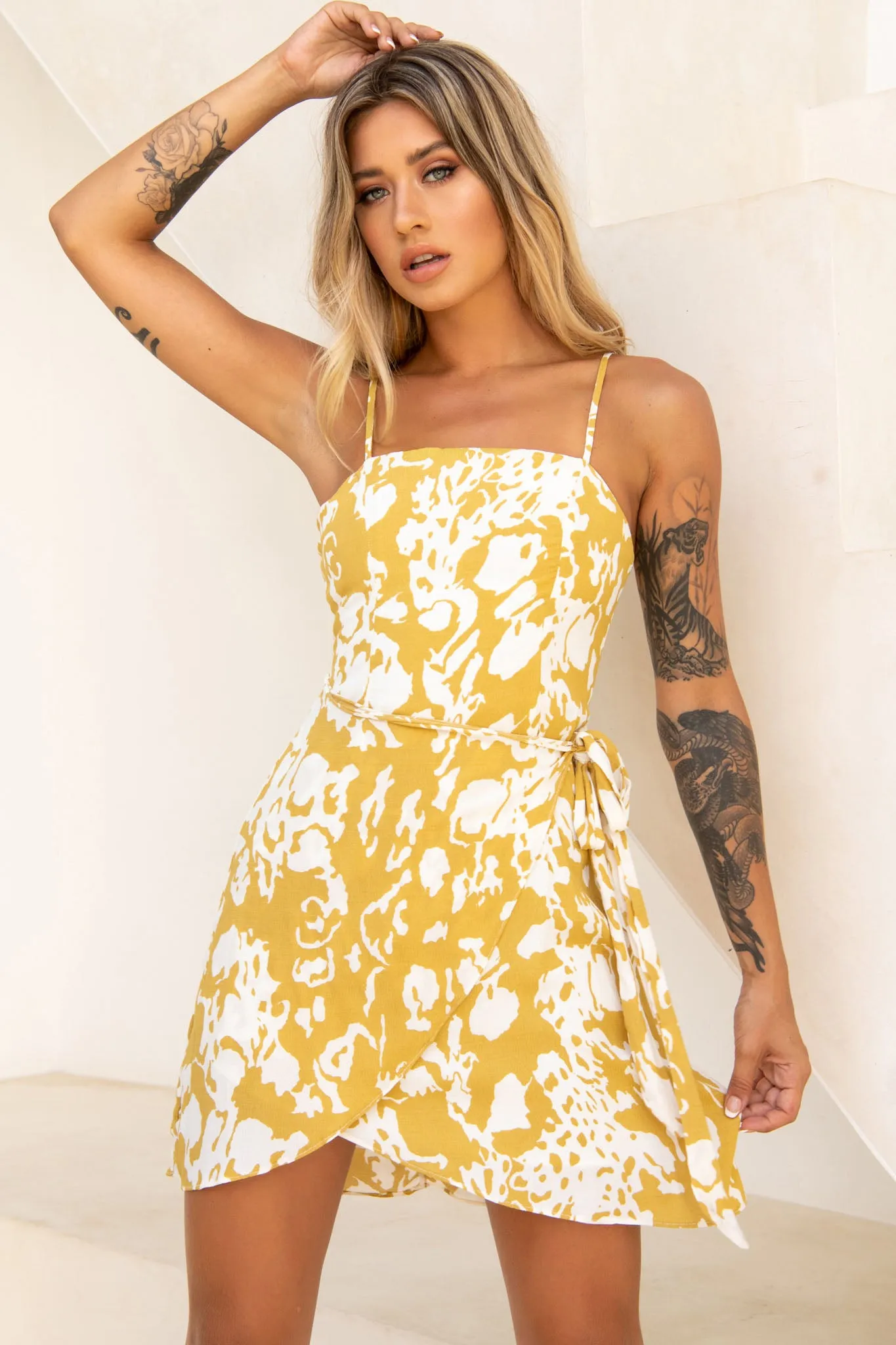 Wattle Cami Strap Wrap Dress Printed Mustard