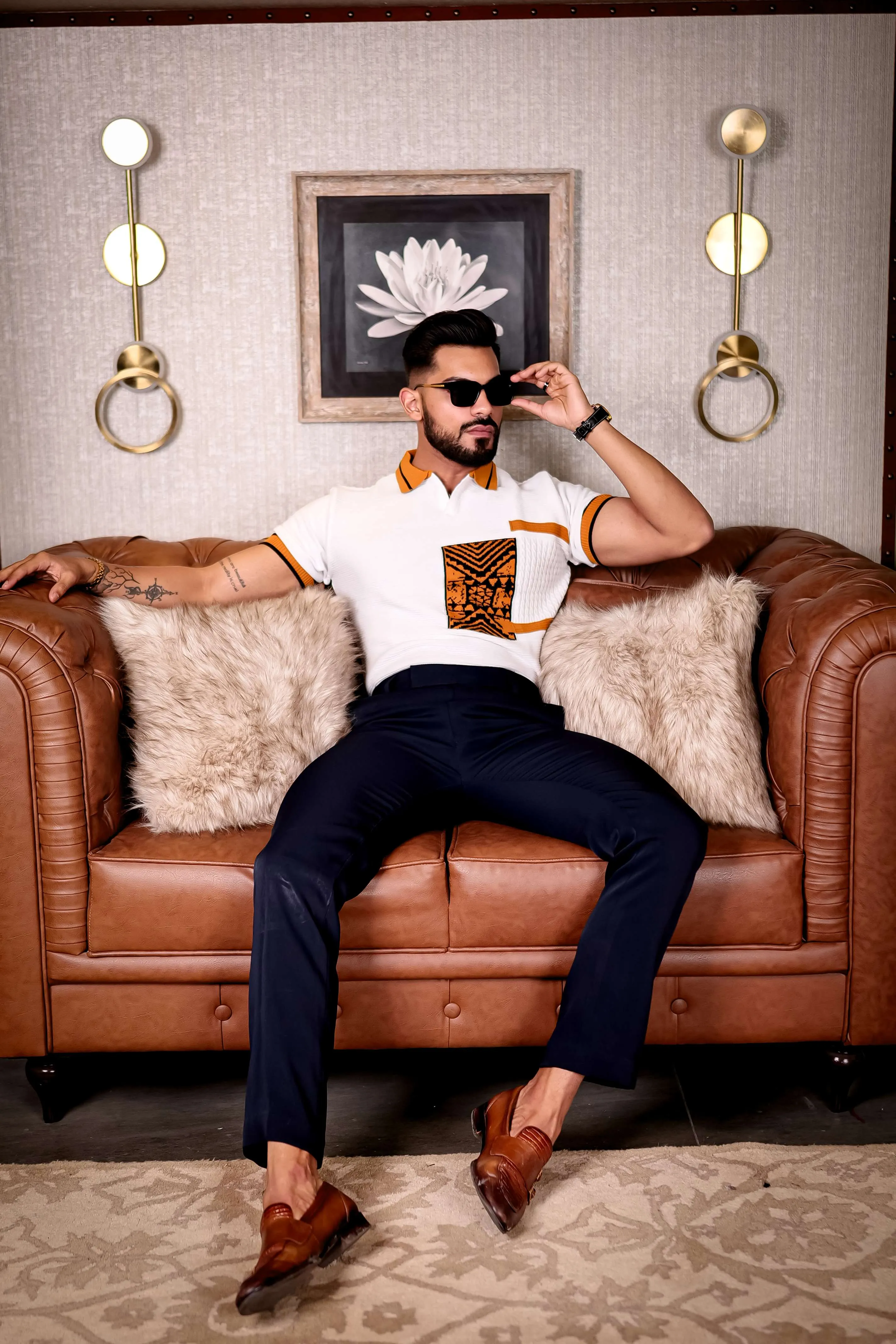 White and Orange Designer Cotton Half Sleeve Premium T Shirt