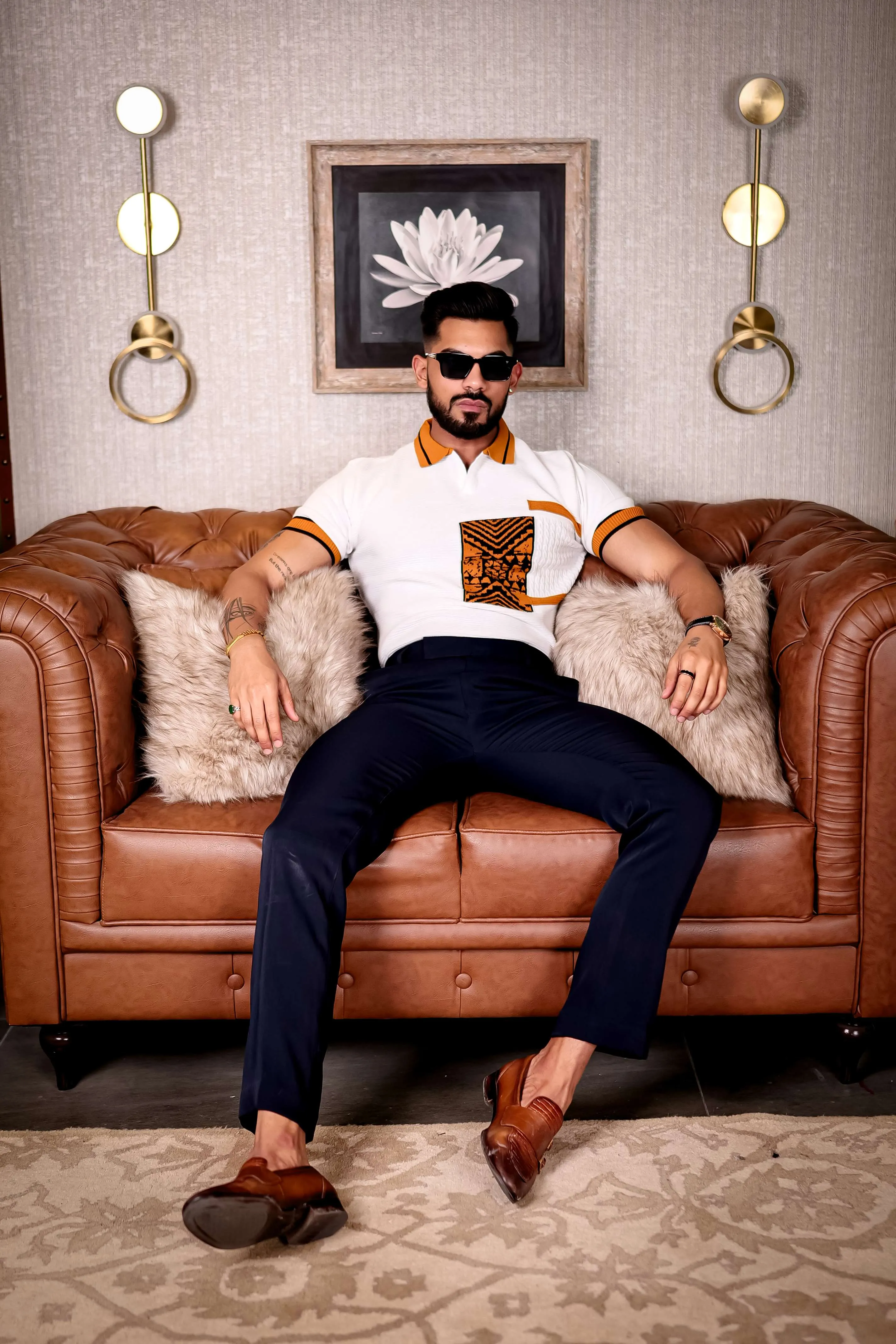 White and Orange Designer Cotton Half Sleeve Premium T Shirt