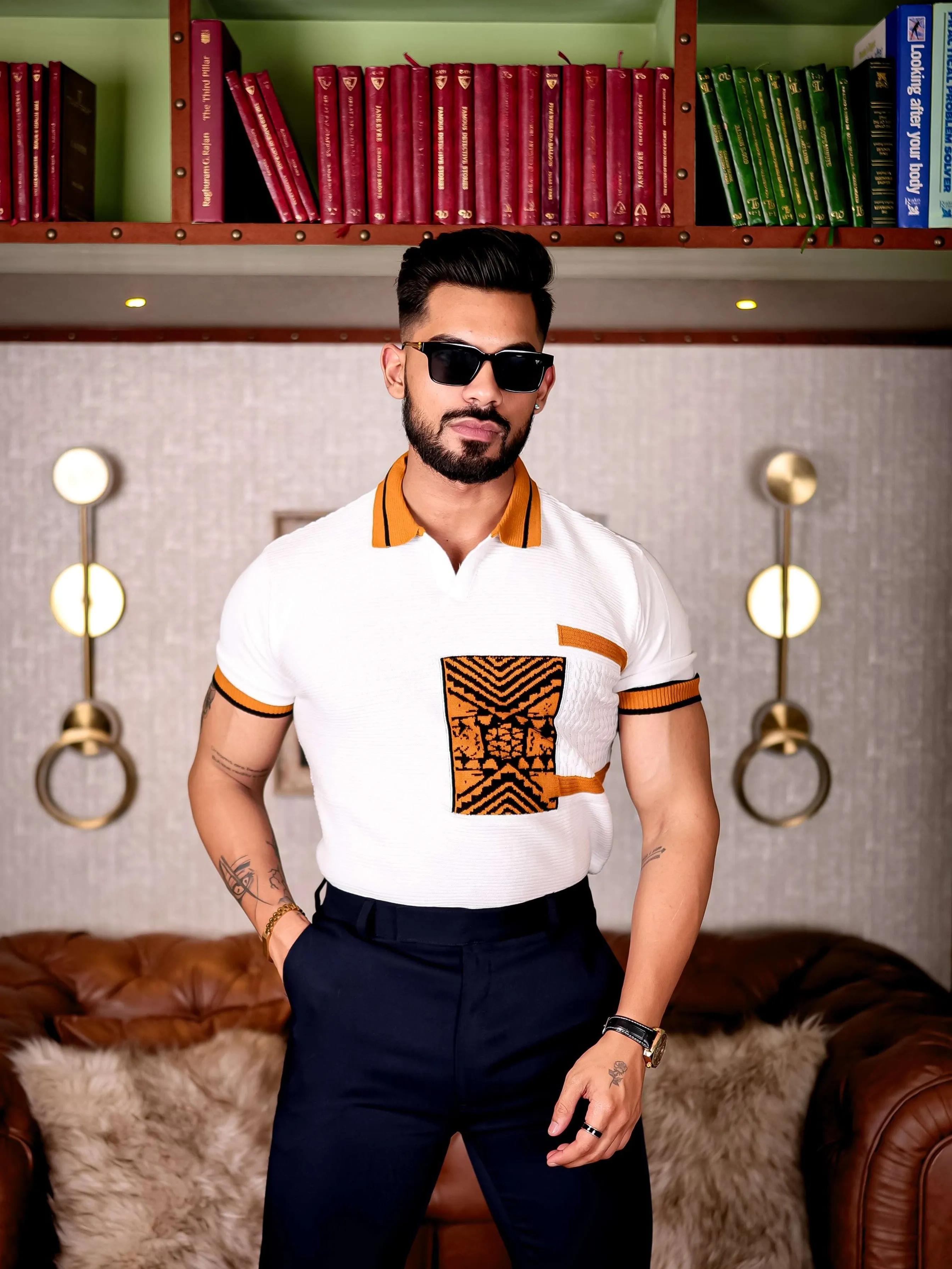 White and Orange Designer Cotton Half Sleeve Premium T Shirt