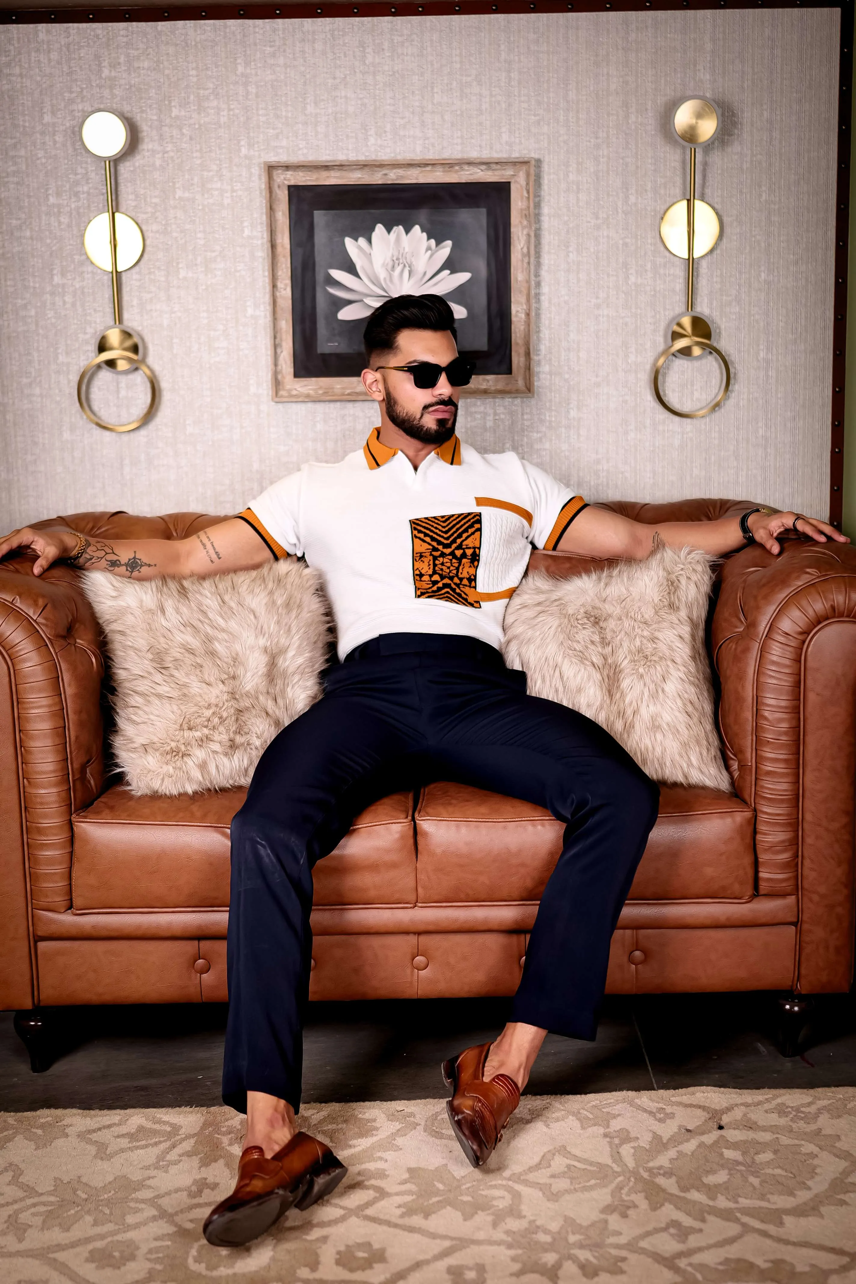 White and Orange Designer Cotton Half Sleeve Premium T Shirt