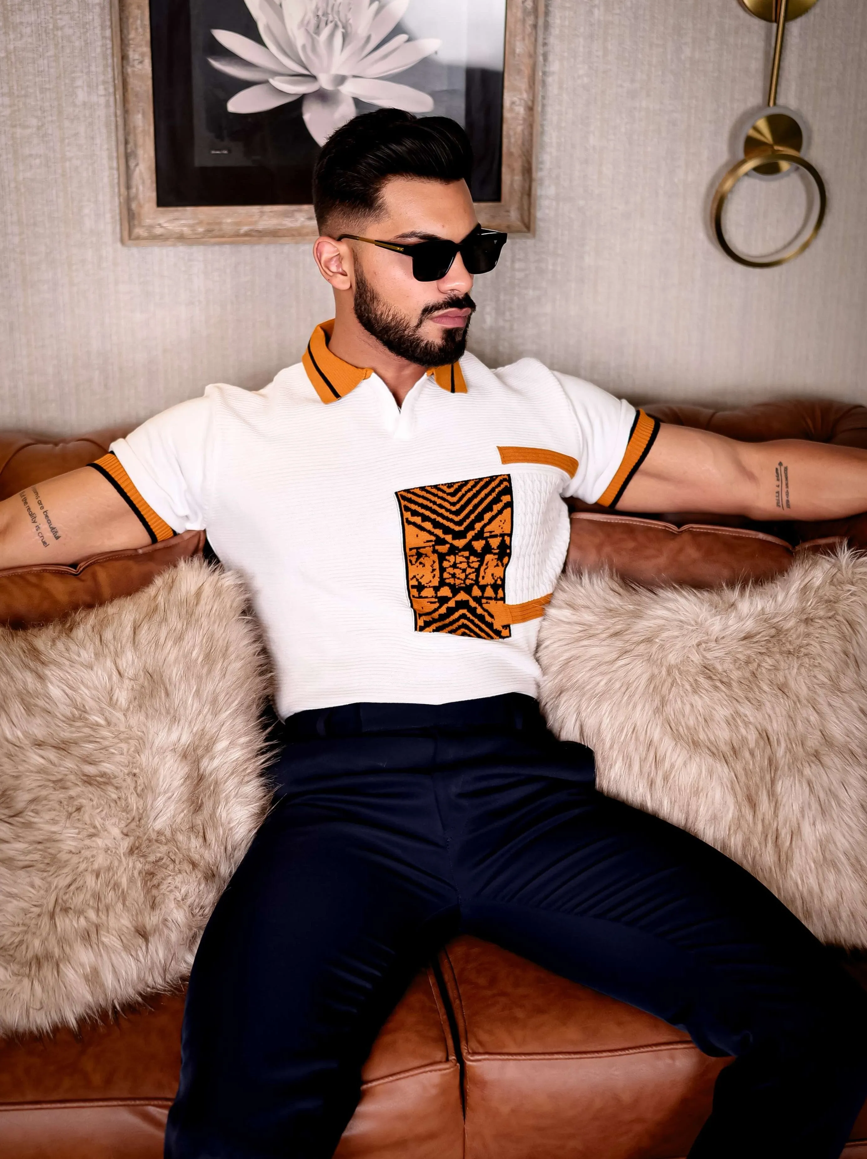 White and Orange Designer Cotton Half Sleeve Premium T Shirt