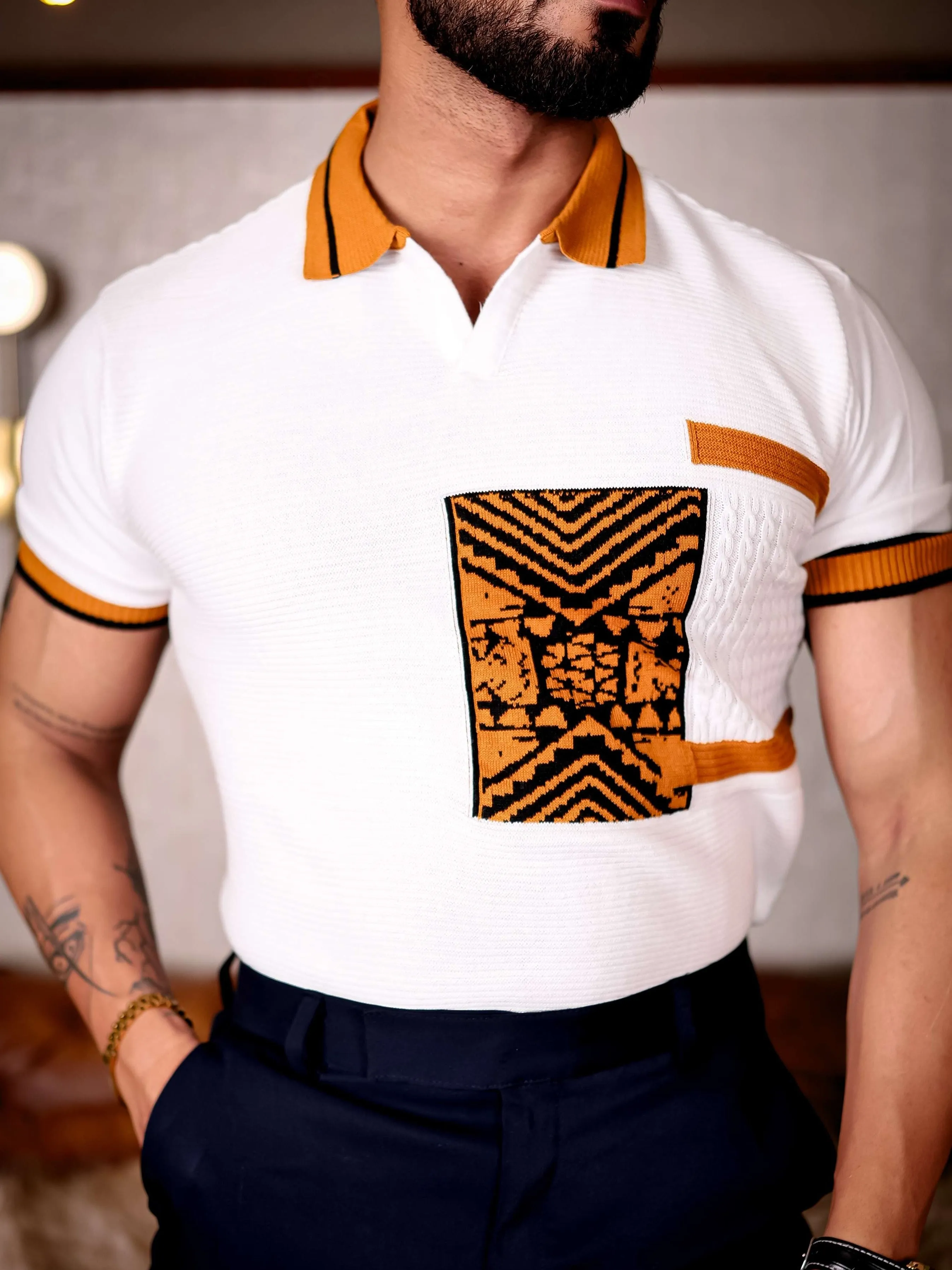 White and Orange Designer Cotton Half Sleeve Premium T Shirt