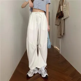 White Black Sporty Elastic Waist Loose Pants