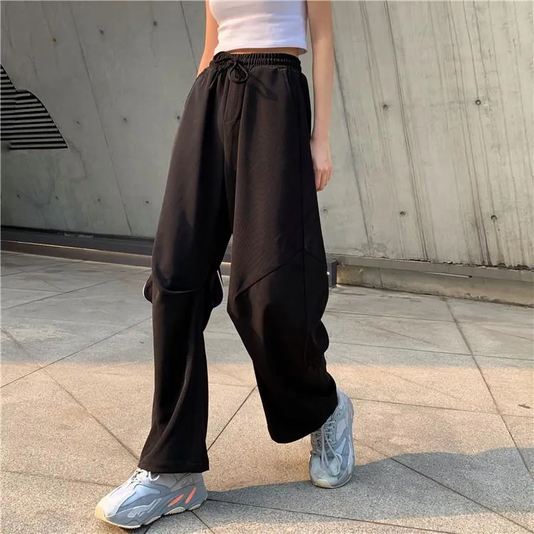 White Black Sporty Elastic Waist Loose Pants