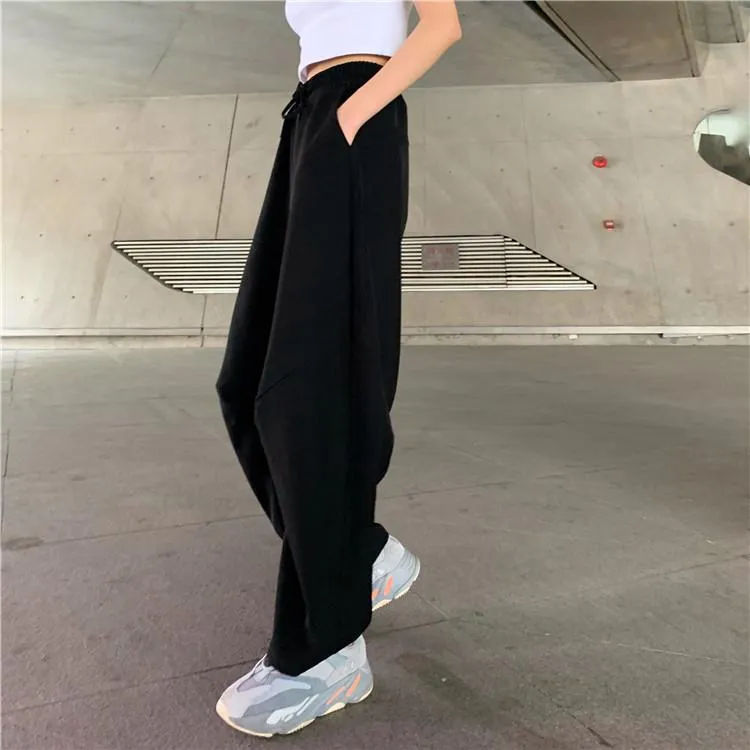 White Black Sporty Elastic Waist Loose Pants