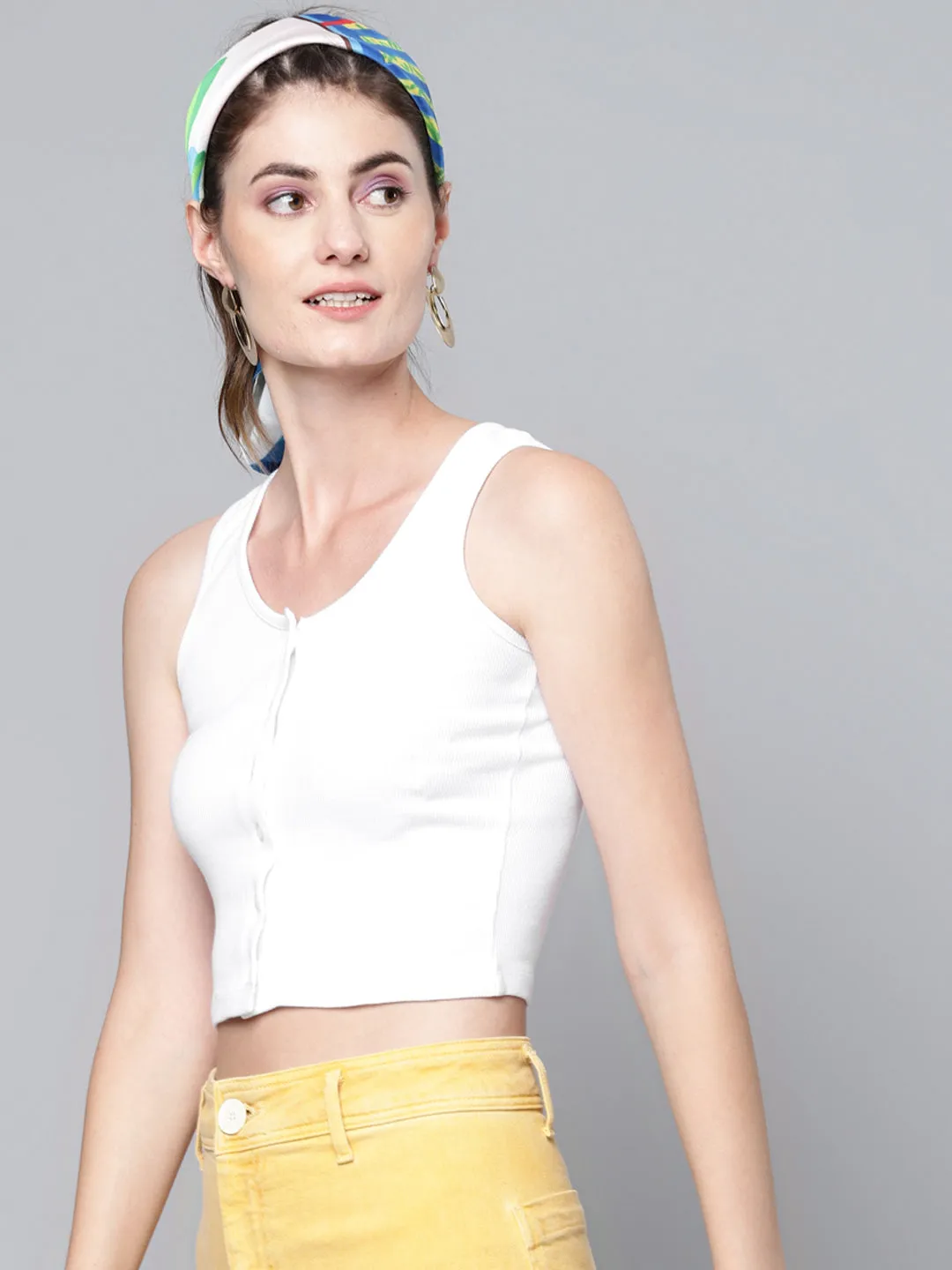 White Front Button Sleeveless Rib Crop Top