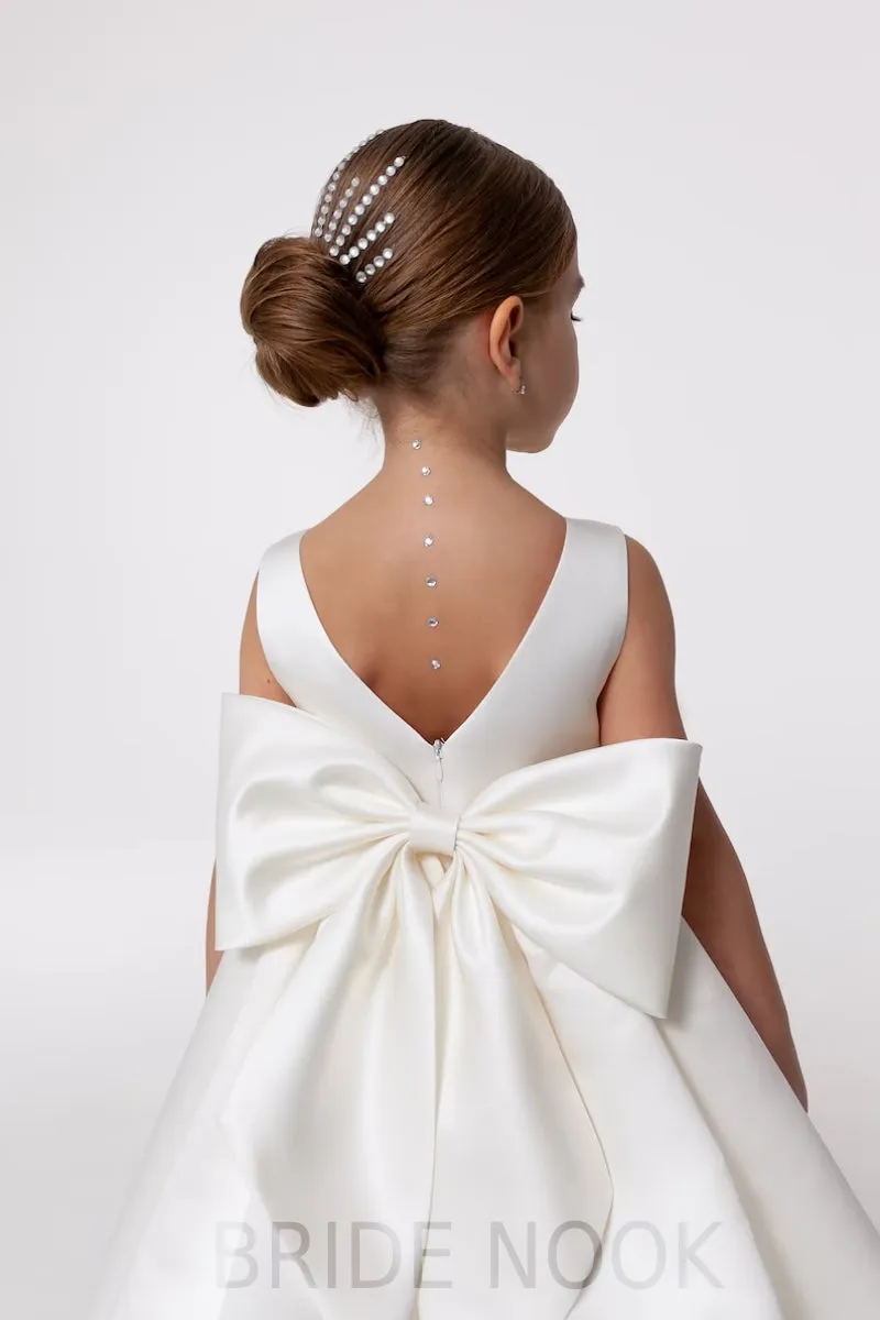 White Satin Flower Girl Dress With Big Bow Back