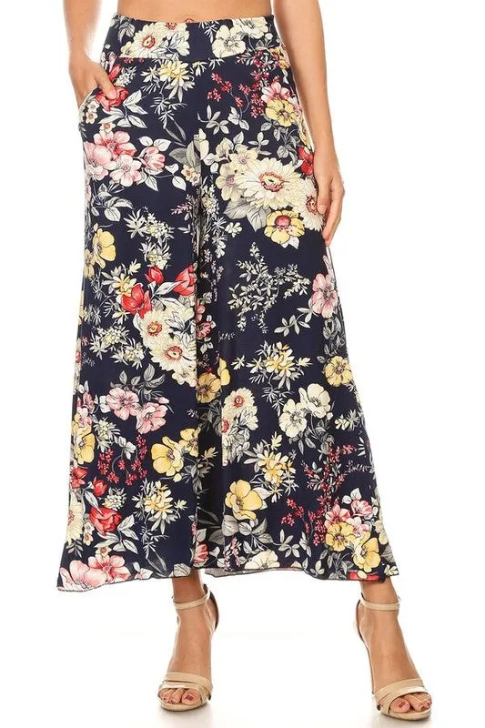 Wide Leg High Waist Floral Gaucho Pants In 3 Colors