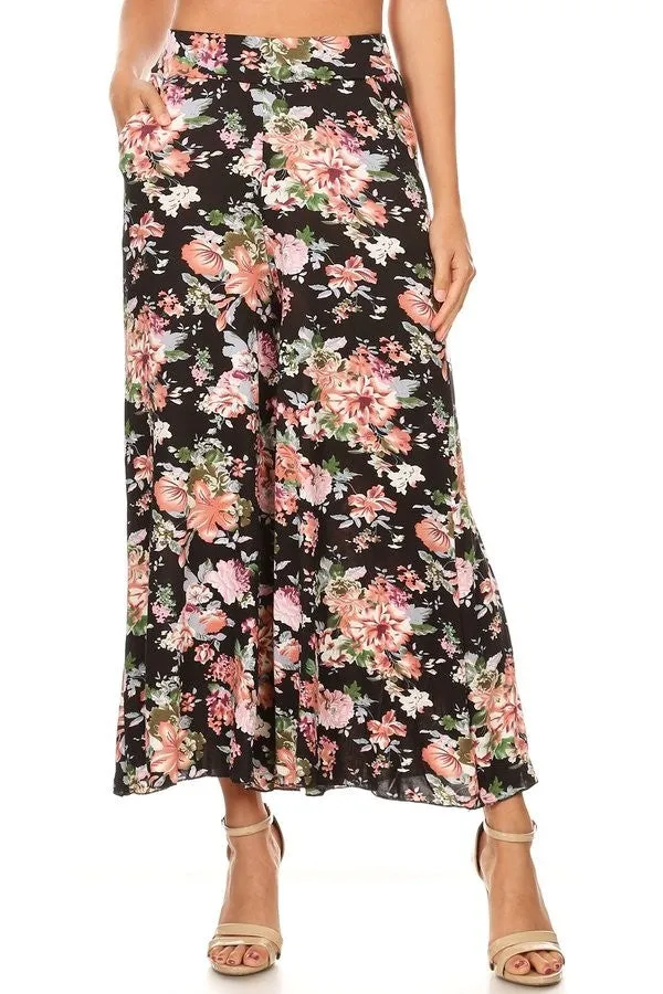 Wide Leg High Waist Floral Gaucho Pants In 3 Colors