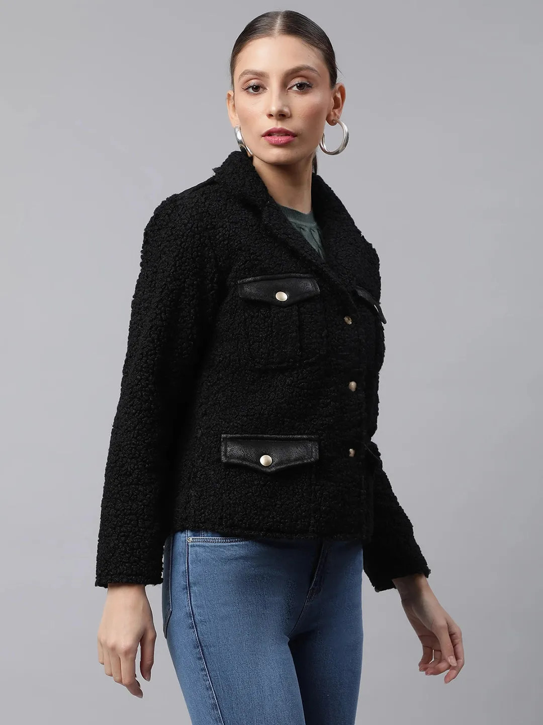 Women Black Lapel Collar Polar Straight Fit Fleece Jacket