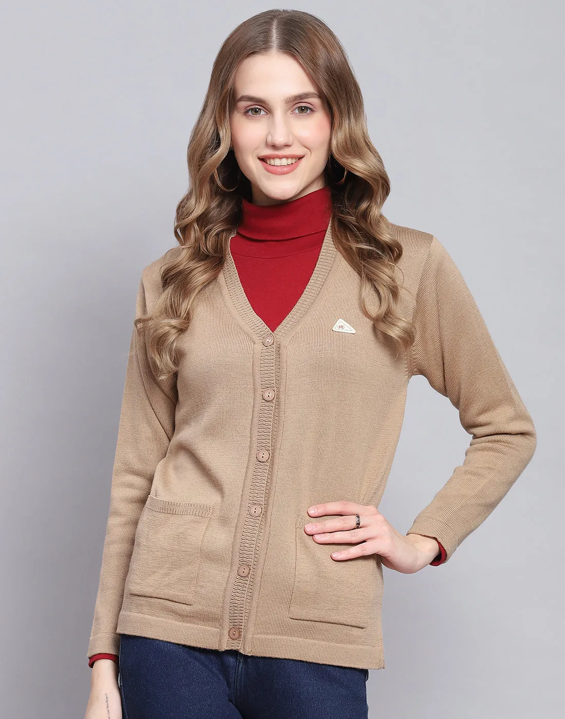 Women Camel Brown Solid V Neck Full Sleeve Cardigan