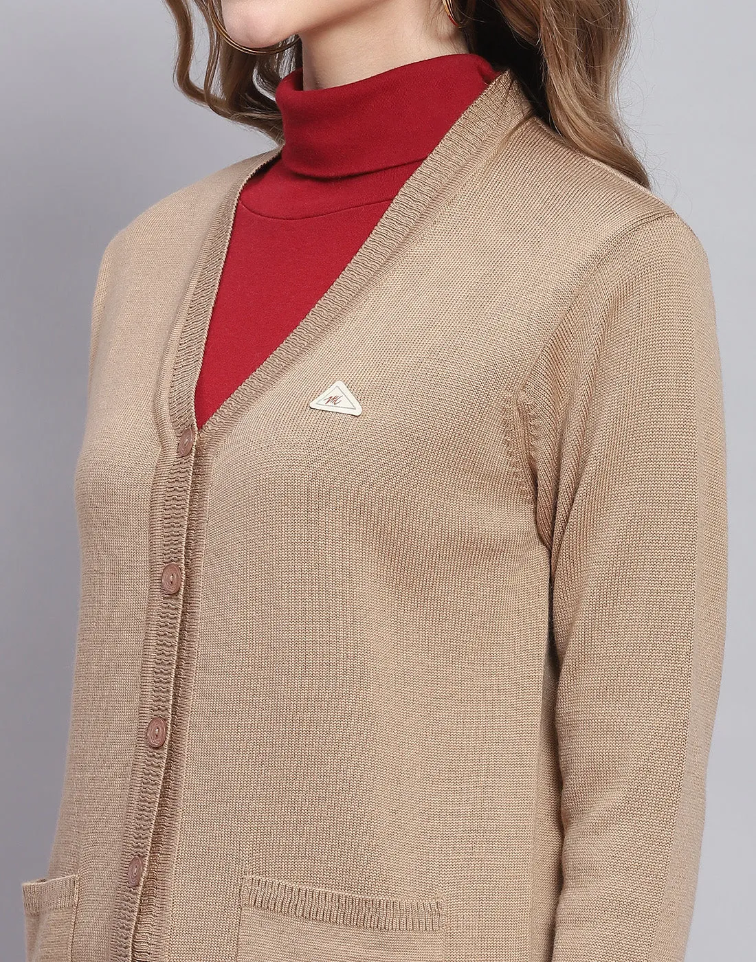 Women Camel Brown Solid V Neck Full Sleeve Cardigan