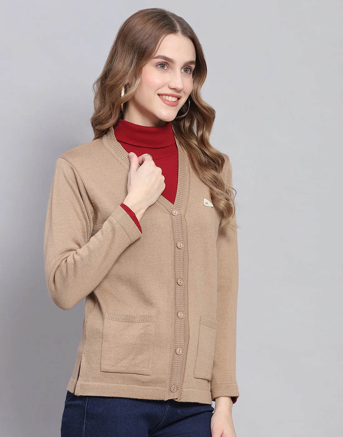 Women Camel Brown Solid V Neck Full Sleeve Cardigan