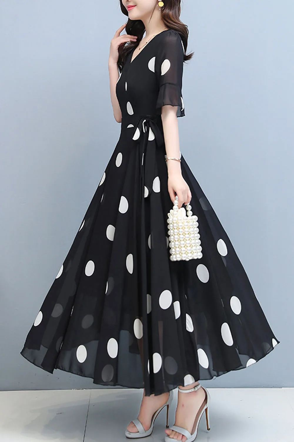 Women Fascinating Polka Doted V-Neck Short Sleeve Slim Waist Lovely Chiffon Long Skirt Dress - WD113401