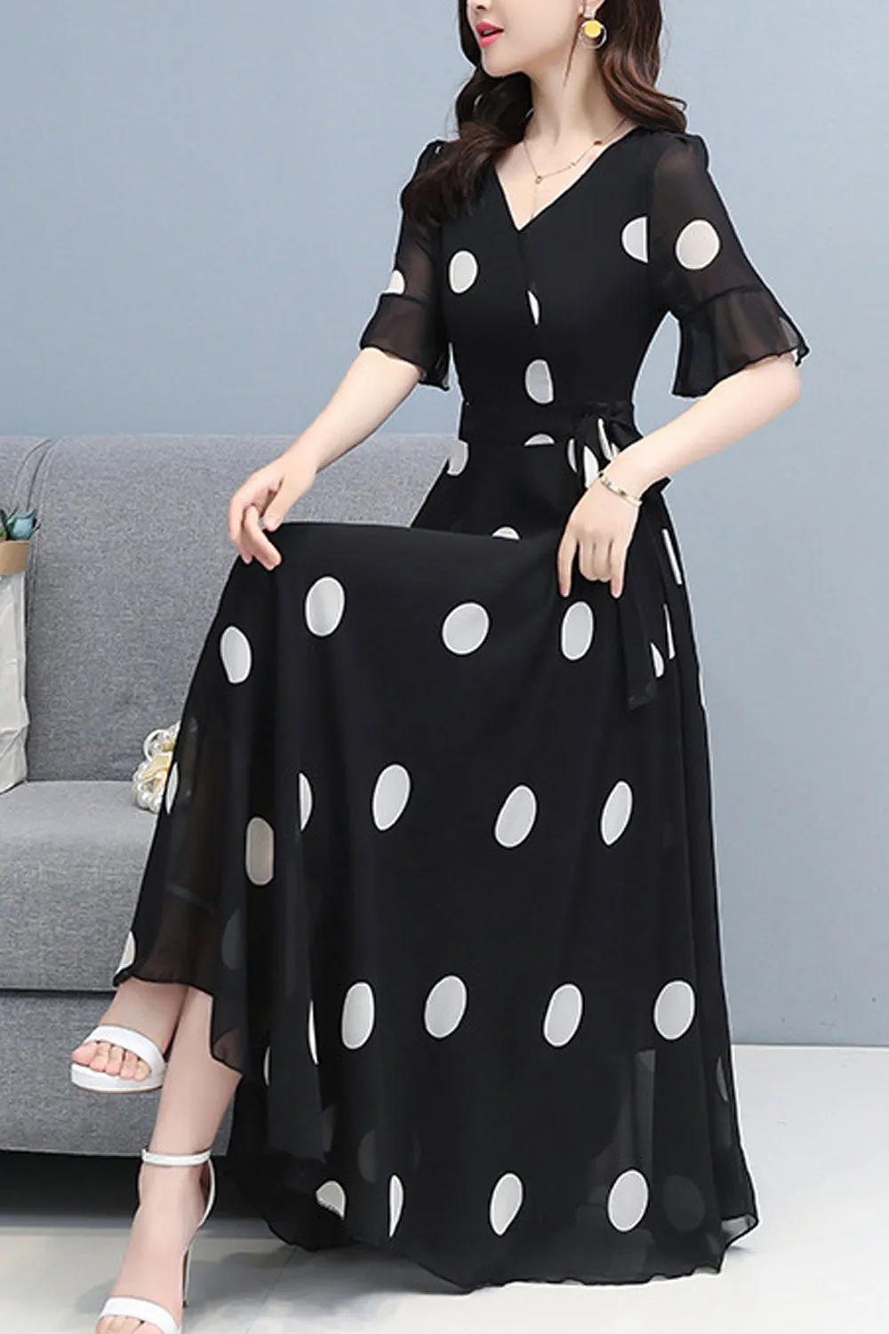 Women Fascinating Polka Doted V-Neck Short Sleeve Slim Waist Lovely Chiffon Long Skirt Dress - WD113401