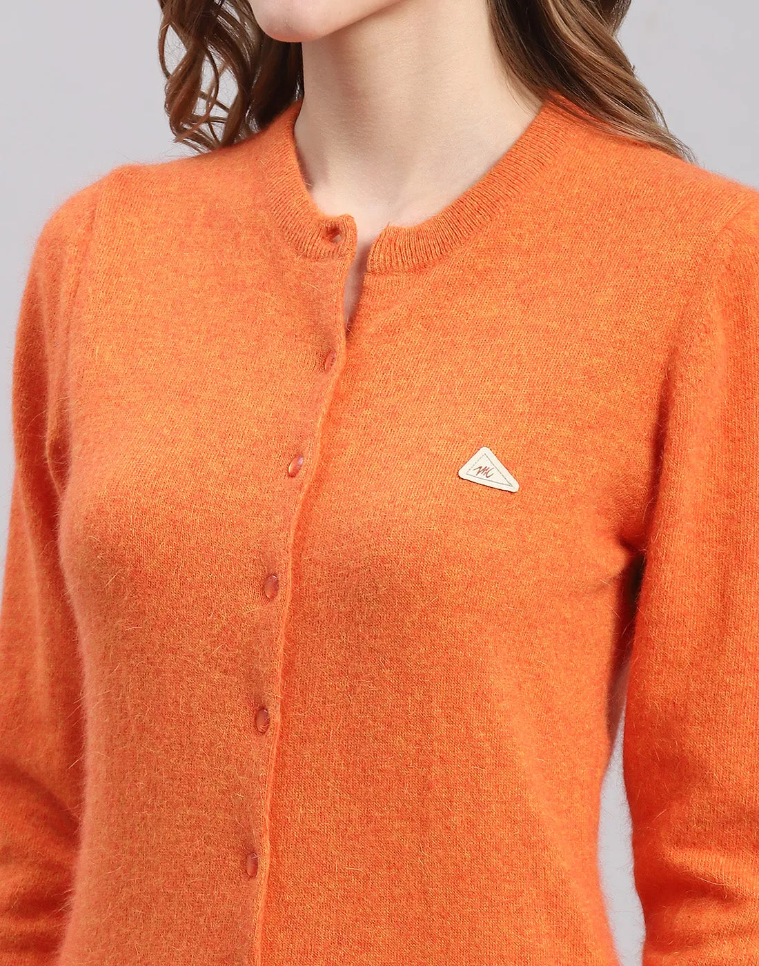 Women Orange Solid Round Neck Full Sleeve Cardigan