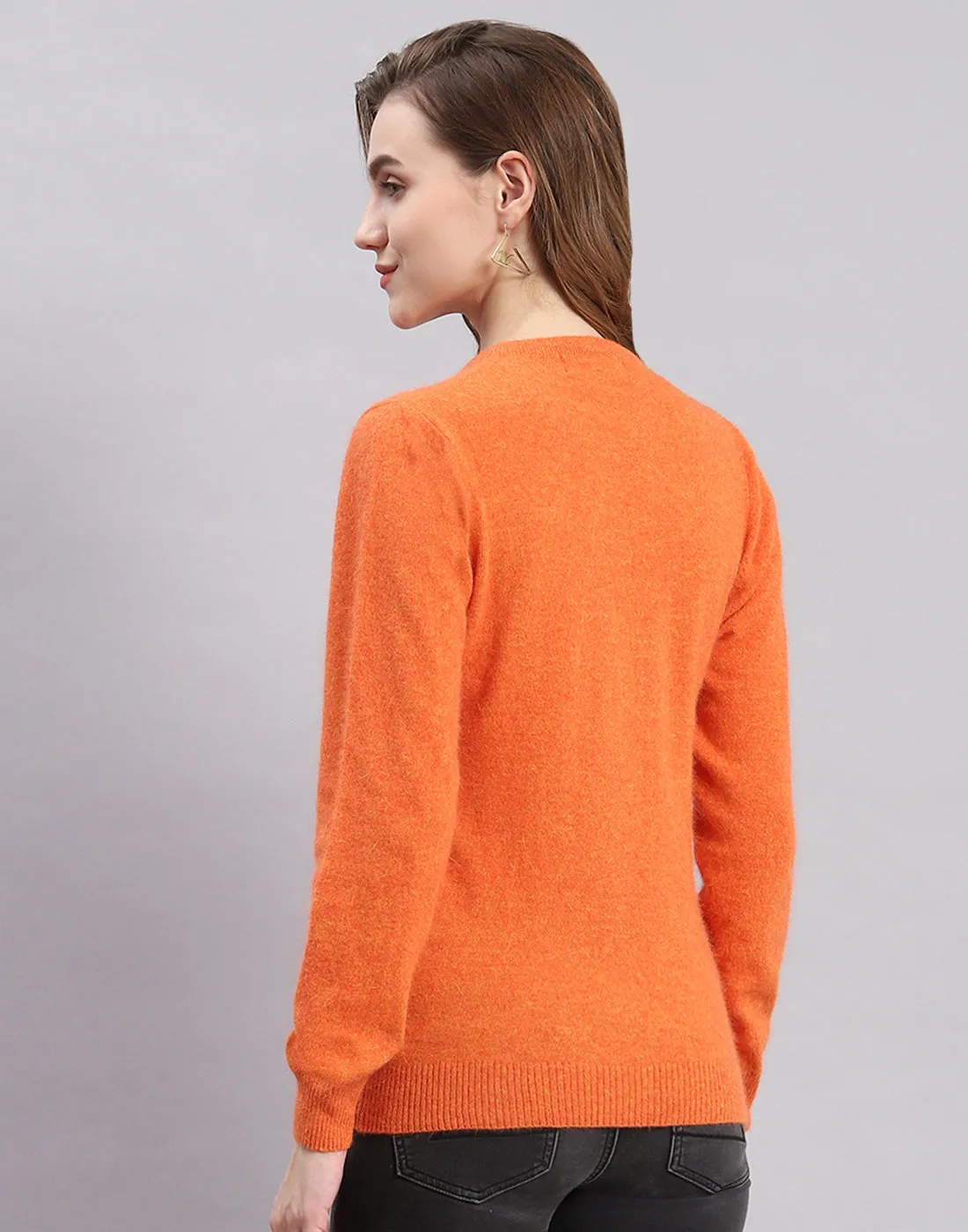 Women Orange Solid Round Neck Full Sleeve Cardigan