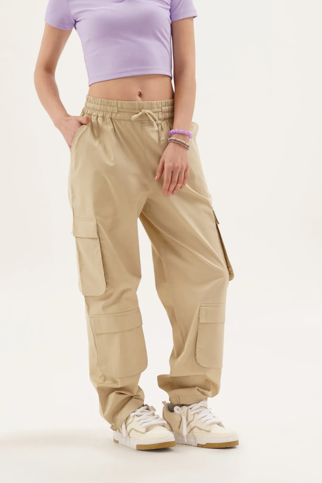 Women Snazzy Beige Parachute Pants