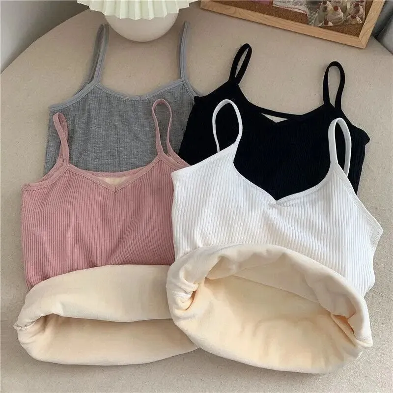 Women Velvet Vest Plush Winter Thickened Unwear Solid Color Thermal Underwear Camisole Warm Sling Vest Top Bottoming Clothing