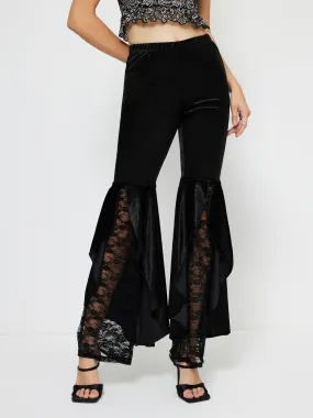 Women's Black Wide Leg High Waist Lace Flare Pants