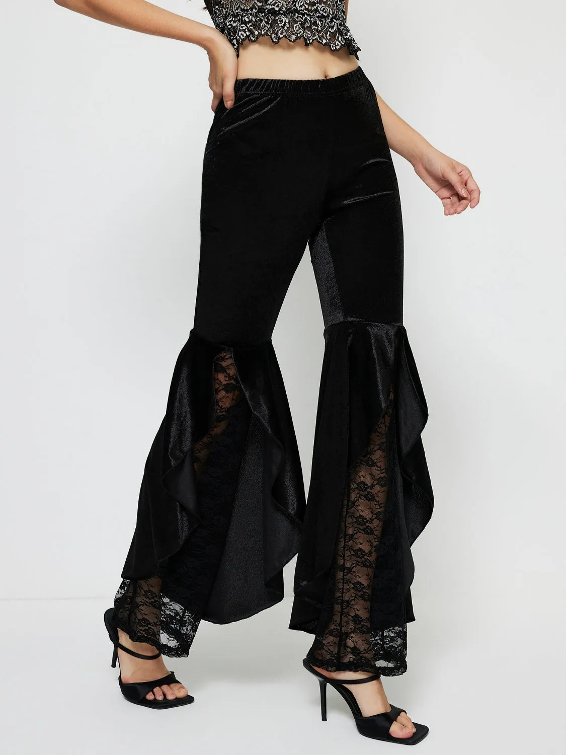 Women's Black Wide Leg High Waist Lace Flare Pants