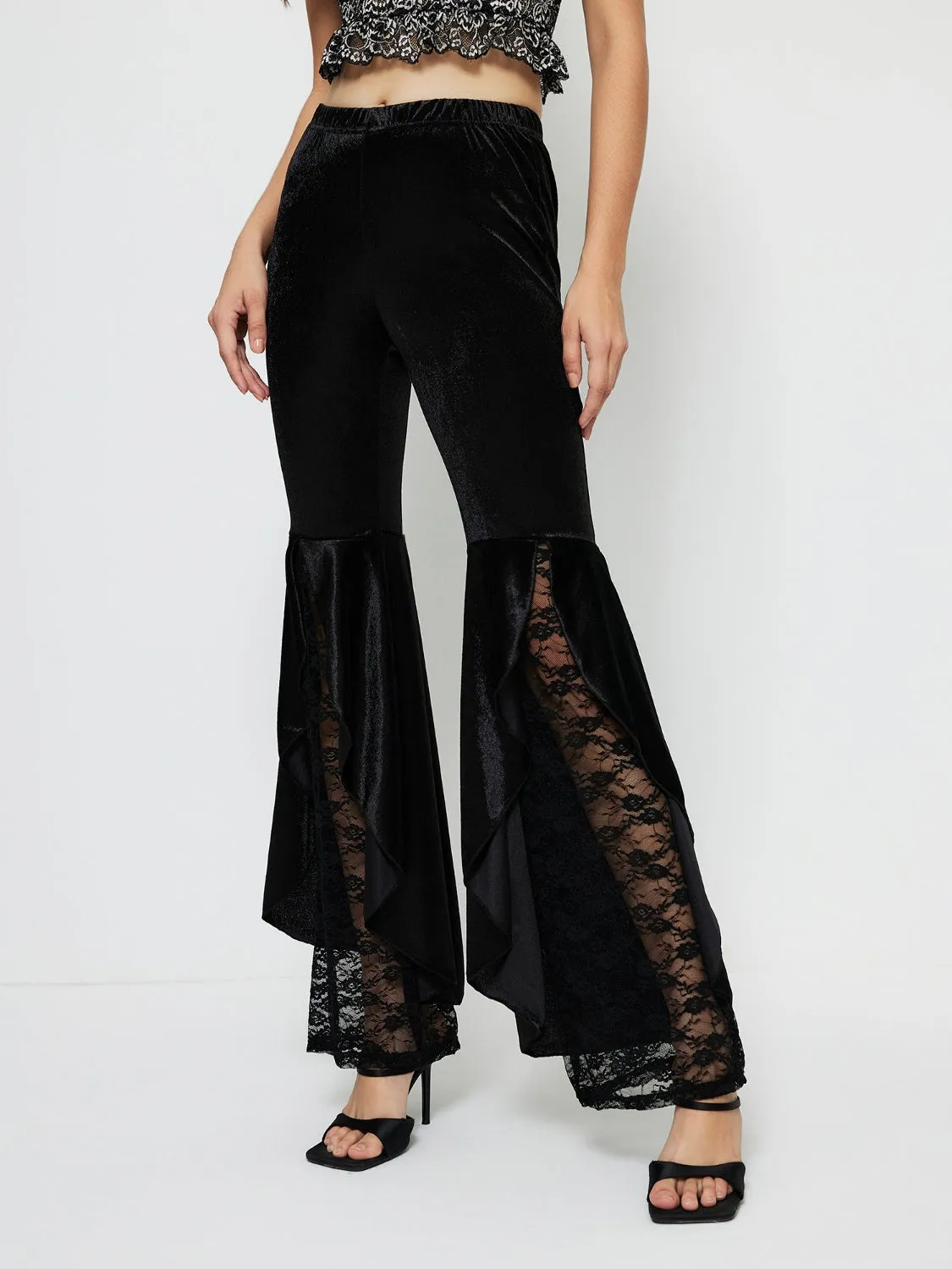 Women's Black Wide Leg High Waist Lace Flare Pants