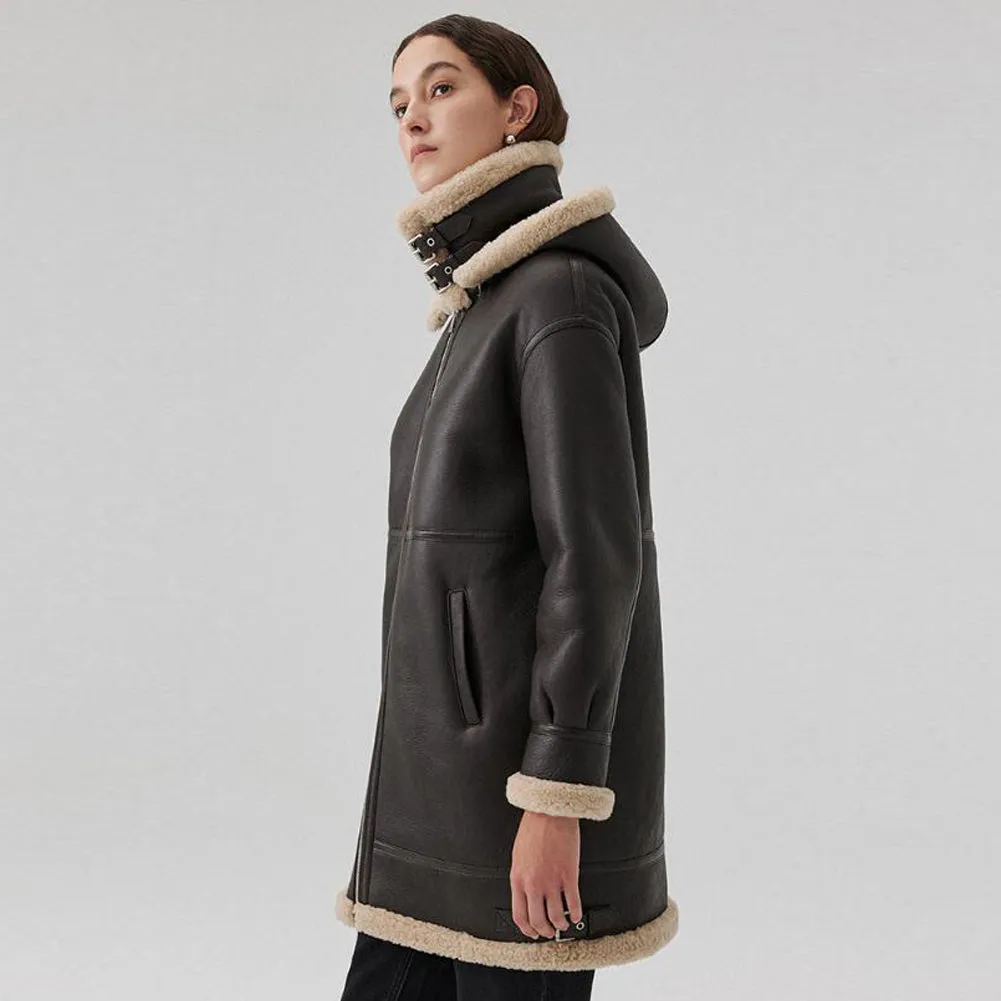 Womens Brown Sheepskin Shearling Coat Mid Length with Hood