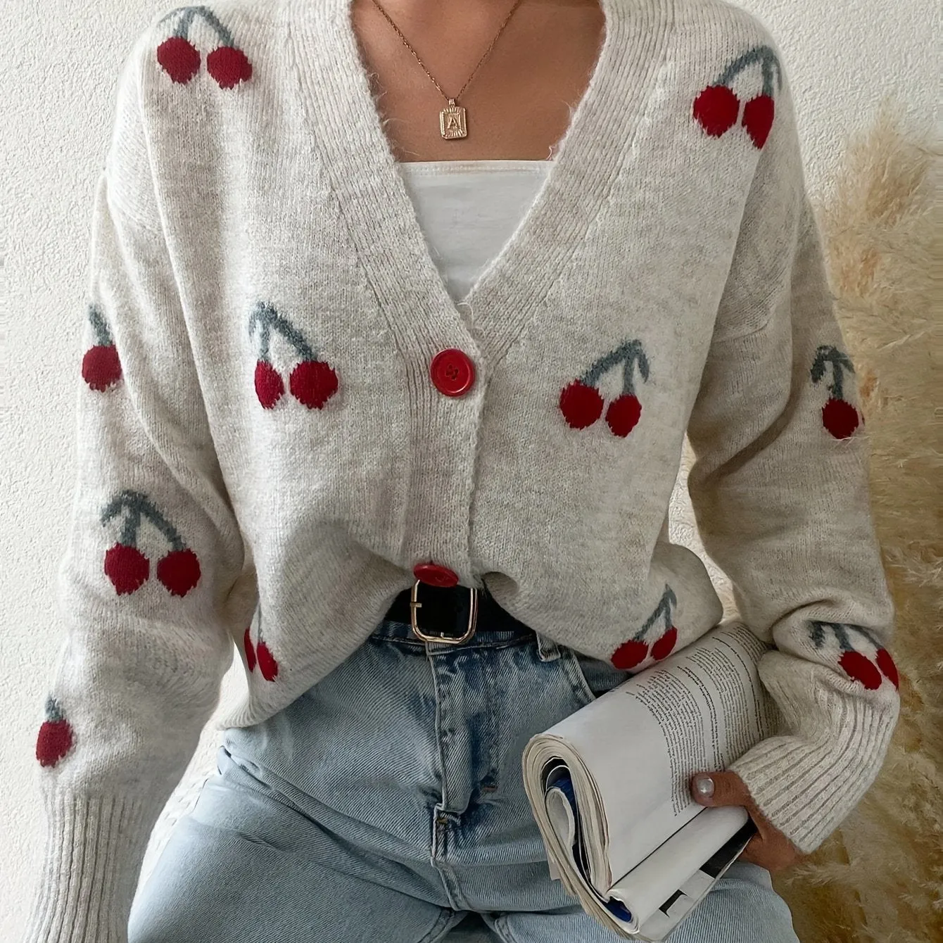 Women's Casual Cherry Pattern Knit Cardigan - Lightweight, Loose-Fit Sweater with Button Detail