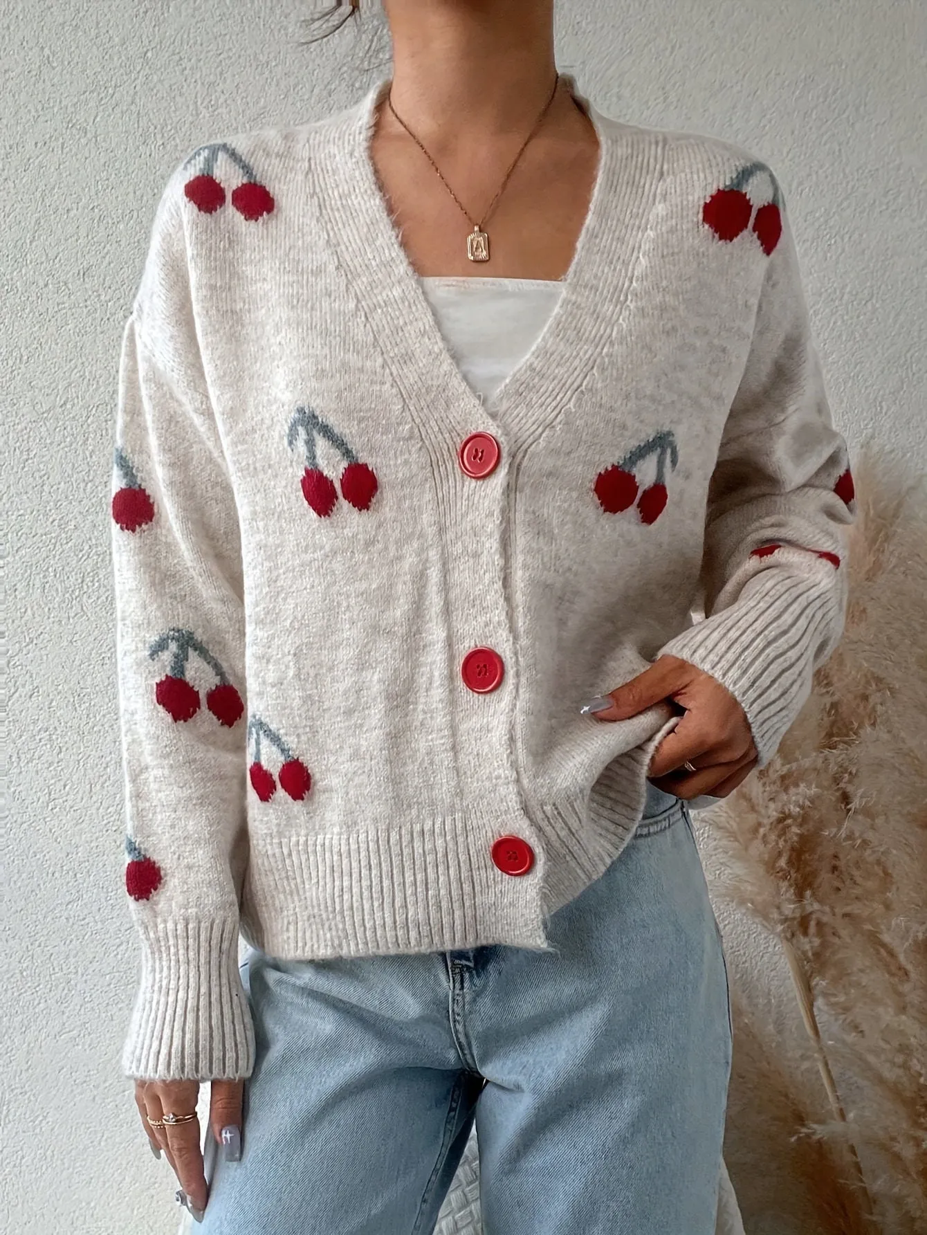 Women's Casual Cherry Pattern Knit Cardigan - Lightweight, Loose-Fit Sweater with Button Detail