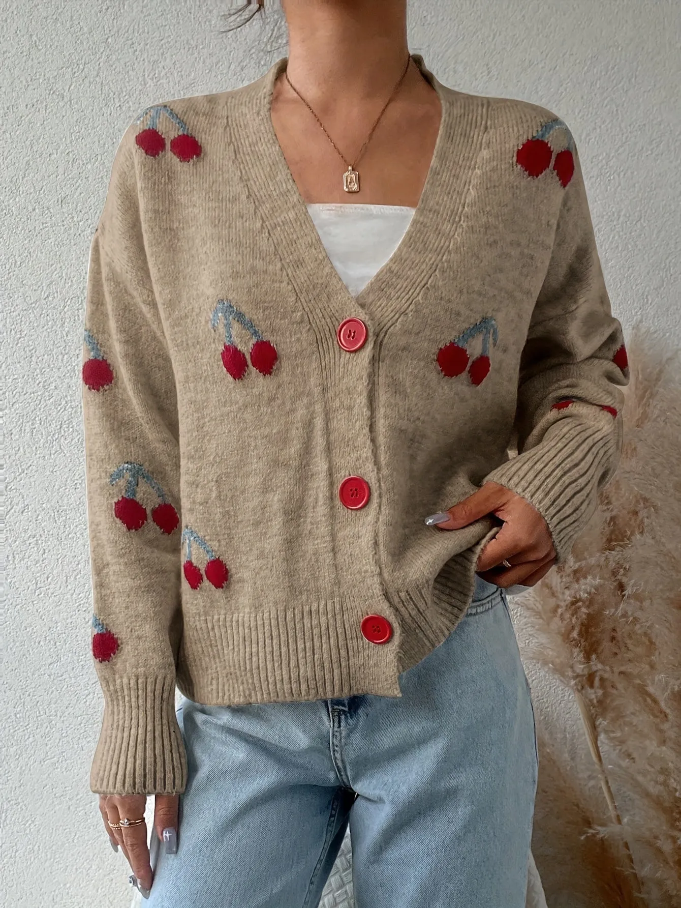 Women's Casual Cherry Pattern Knit Cardigan - Lightweight, Loose-Fit Sweater with Button Detail