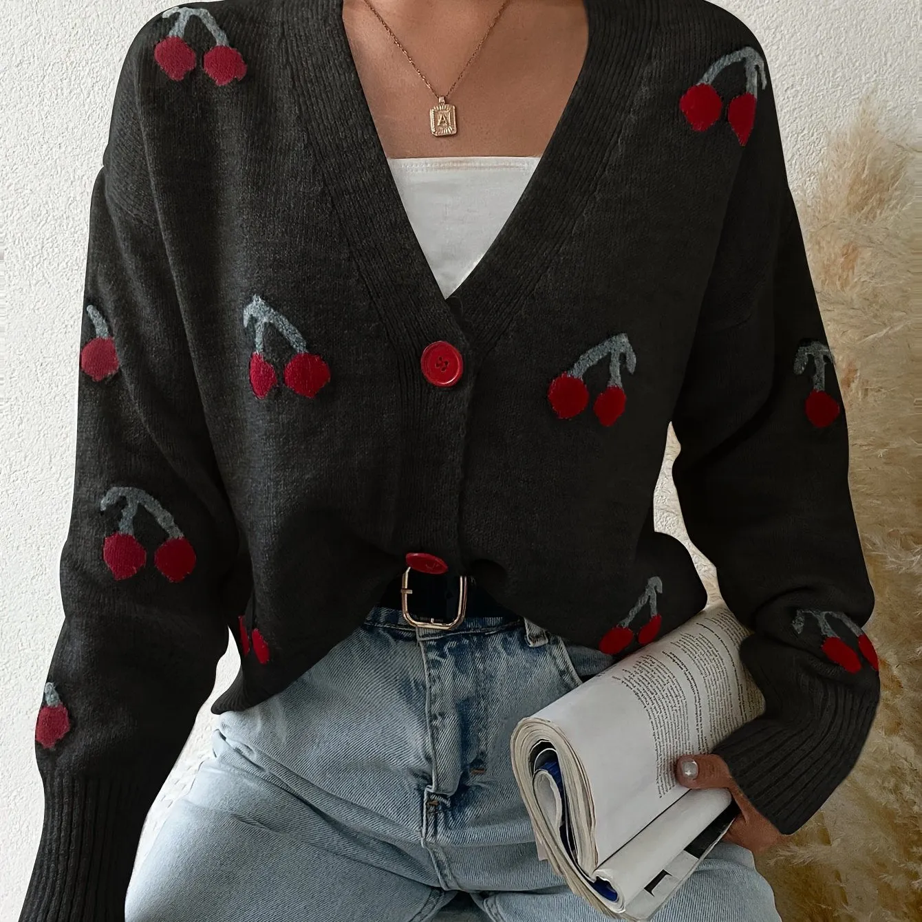 Women's Casual Cherry Pattern Knit Cardigan - Lightweight, Loose-Fit Sweater with Button Detail