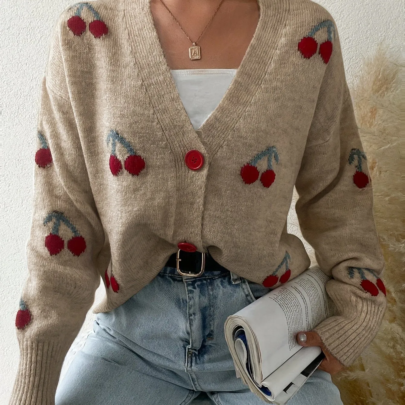 Women's Casual Cherry Pattern Knit Cardigan - Lightweight, Loose-Fit Sweater with Button Detail