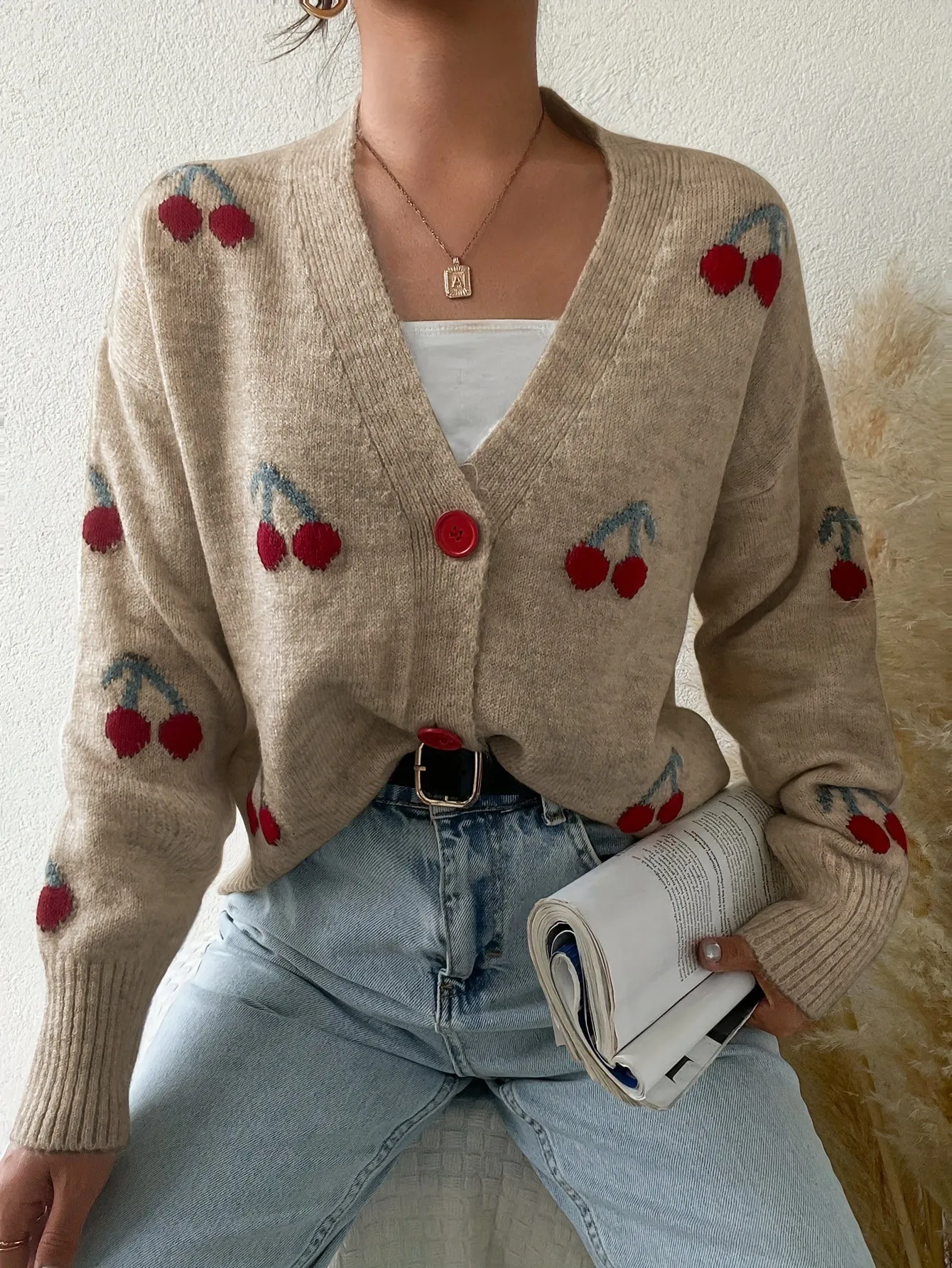 Women's Casual Cherry Pattern Knit Cardigan - Lightweight, Loose-Fit Sweater with Button Detail