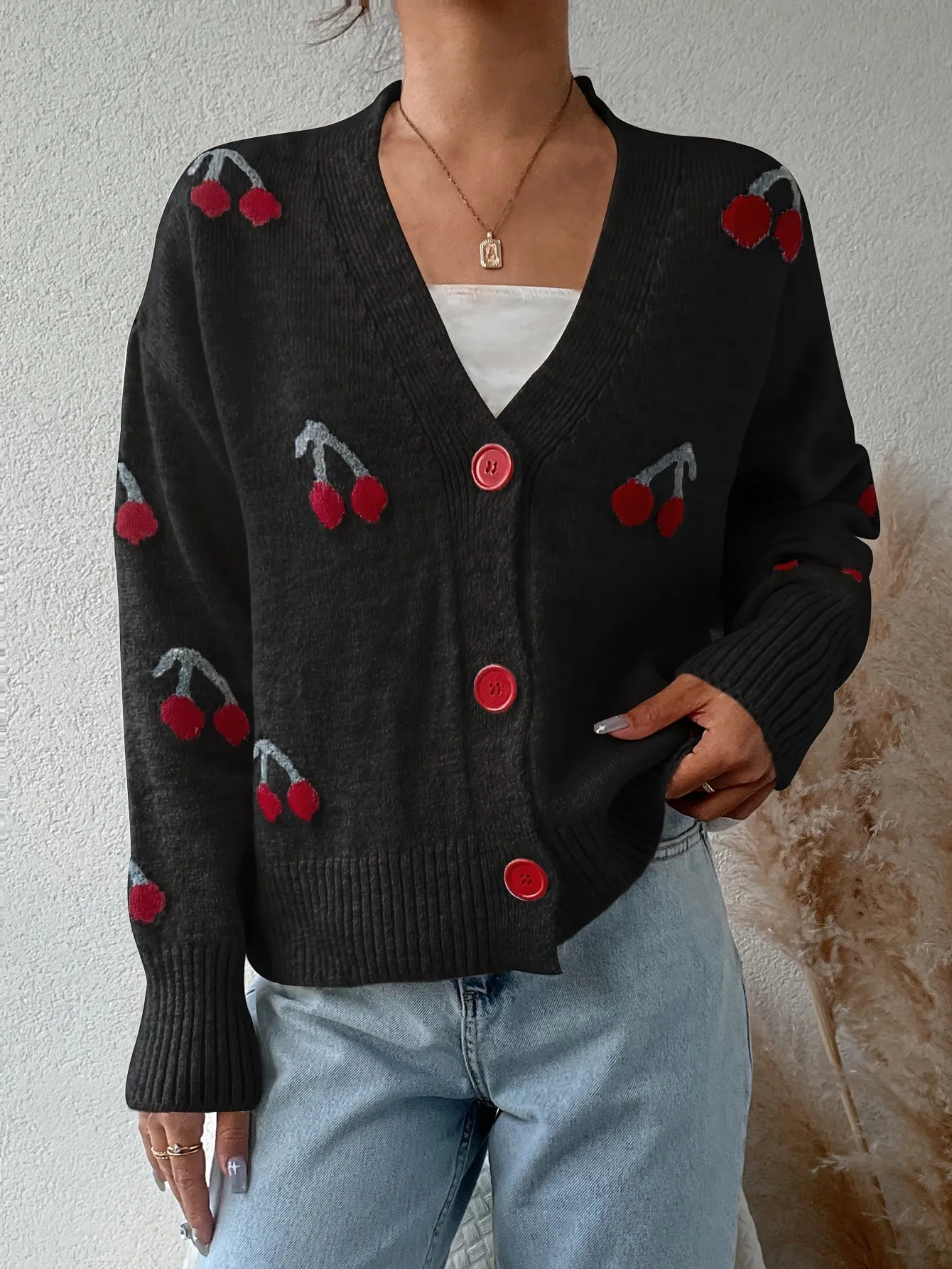 Women's Casual Cherry Pattern Knit Cardigan - Lightweight, Loose-Fit Sweater with Button Detail