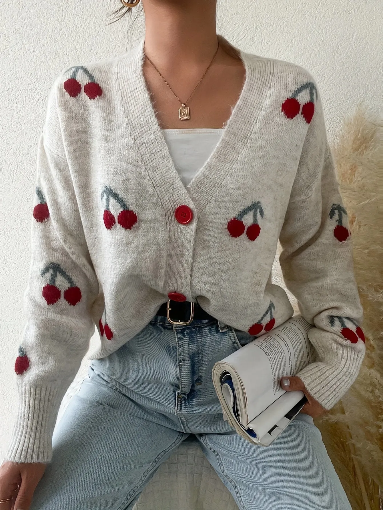 Women's Casual Cherry Pattern Knit Cardigan - Lightweight, Loose-Fit Sweater with Button Detail