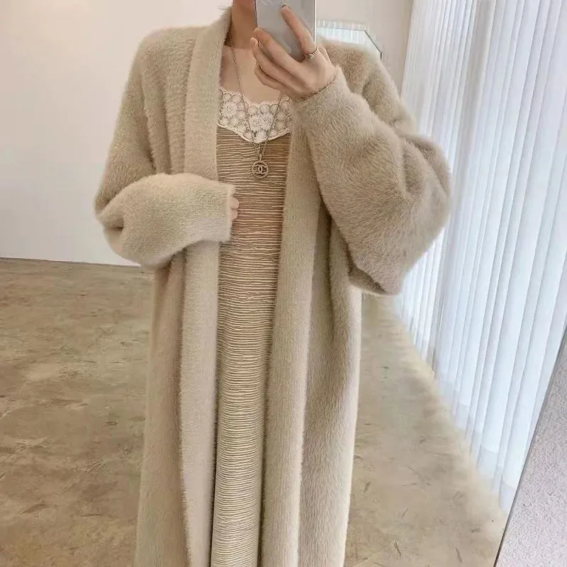 Womens Knitted Fluffy Long Sleeve Cashmere Vintage Cardigan