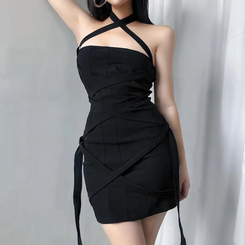 Wrapped Strap Slim Black Dress SD01142